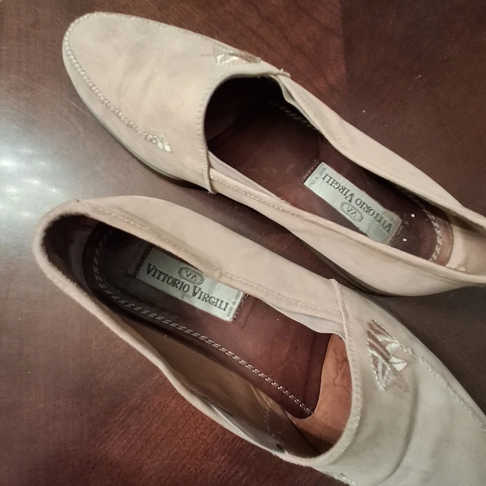Vittorio Virgili Men Embroidery Shoes Beige Suede Loafers Italy Size EU41/US 8